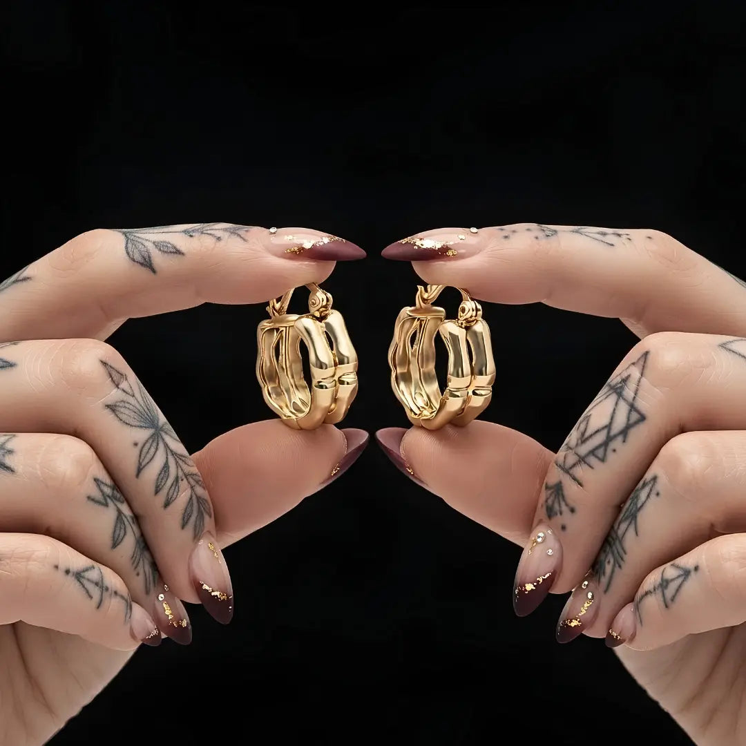 14K Gold Filled Bamboo Huggie Hoops – 18mm x 6mm Segmented Triple-Row Organic Textured Hoop Earrings for Women